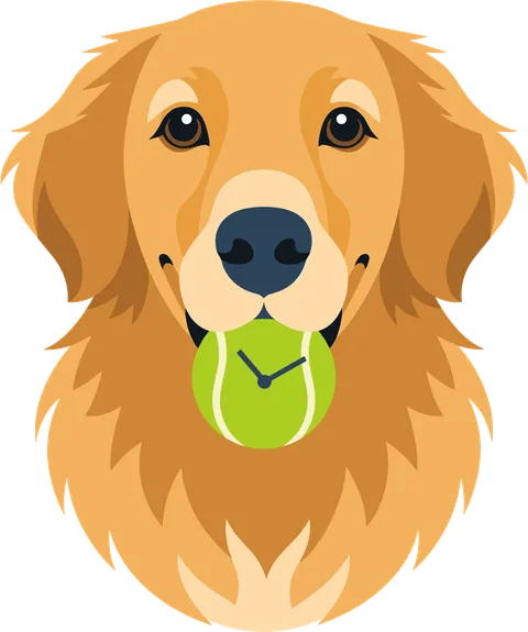 The Time Retrievers golden retriever holding its tennis-ball clock